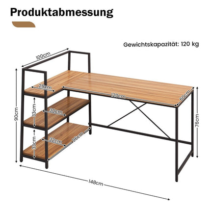 148 cm long L-shaped computer desk with open shelves, space-saving desk for a modern workstation, walnut
