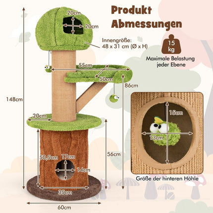 148 cm mushroom cat tree with 2 cute caves & plush berth cat tower climbing tower