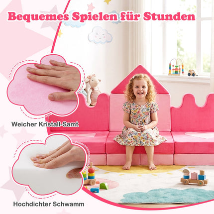 14-Piece Modular Kids Play Sofa, Soft Foam Set, Pink