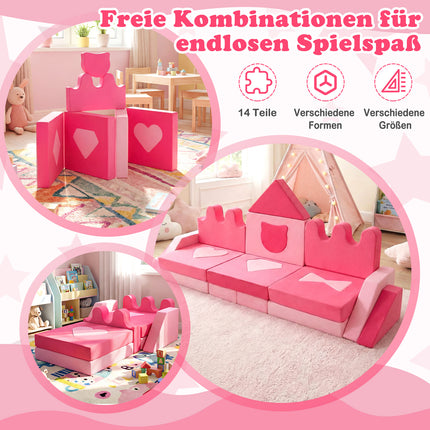 14-Piece Modular Kids Play Sofa, Soft Foam Set, Pink
