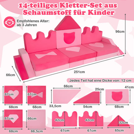 14-Piece Modular Kids Play Sofa, Soft Foam Set, Pink