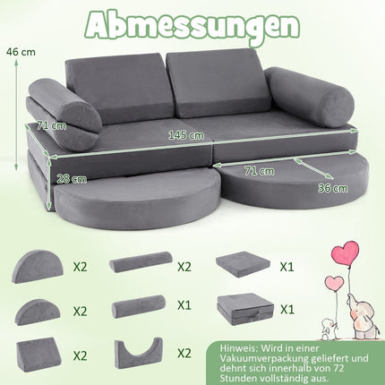 14-piece modular children's sofa, foam play sofa, building block sofa for climbing and crawling, gray