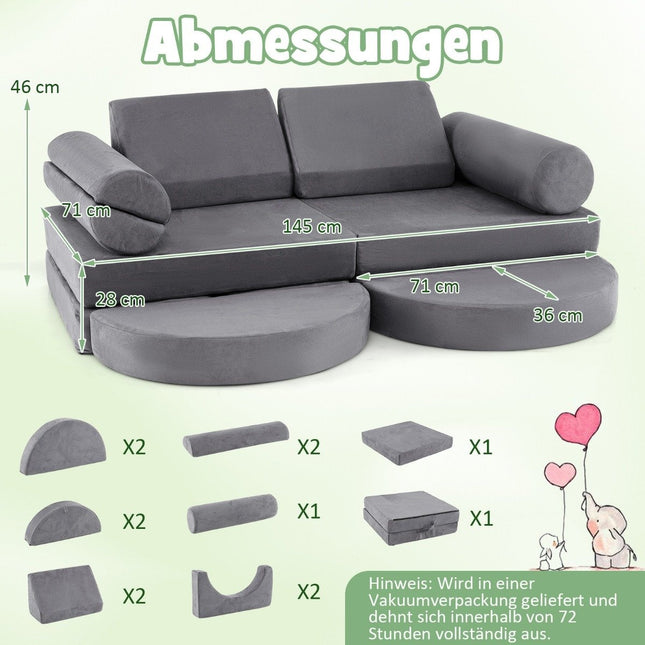 14-piece modular children's sofa, foam play sofa, building block sofa for climbing and crawling, gray