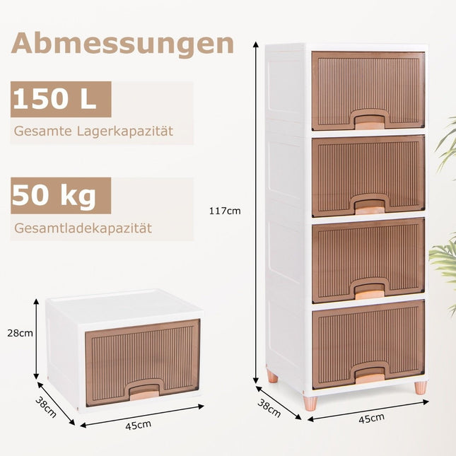 Opbergbox 150 L met magneetdeuren, set van 4, stapelbare kunststof box, wit