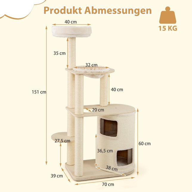 151cm Cat Tree with 2-Story House & Hammock