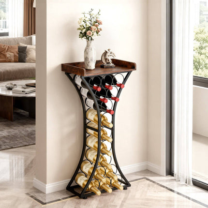 15-Bottle Freestanding Wine Rack, Iron Frame, Wood Top