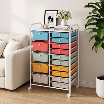 15-Drawer Rainbow Rolling Storage Cart with Lockable Wheels