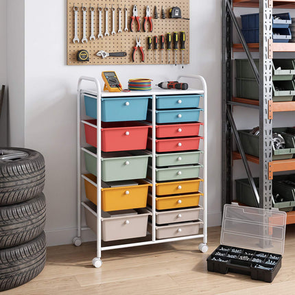 15-Drawer Rainbow Rolling Storage Cart with Lockable Wheels