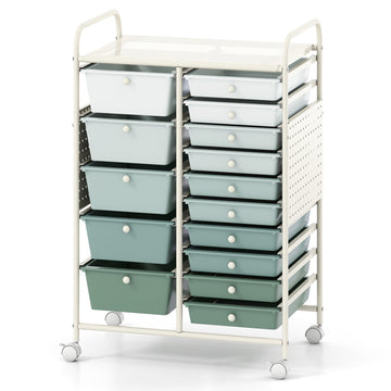 15-Drawer Rolling Storage Cart with Metal Top & Pegboard