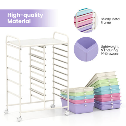 15-Drawer Rolling Storage Cart with Multicolor Drawers