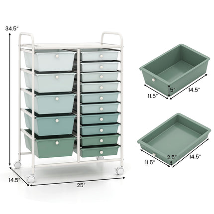 15-Drawer Rolling Utility Cart, Lime Green Storage Organizer