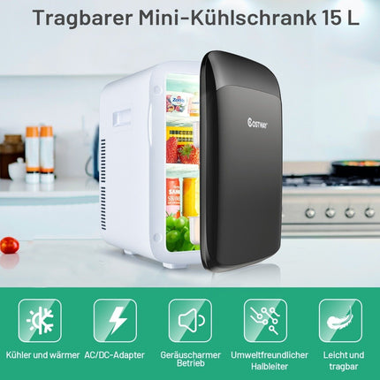 15 L Mini Fridge 2 in 1 Cooling and Heating Function Portable Freezer 27 x 33 x 38 cm White + Black Energy Class E