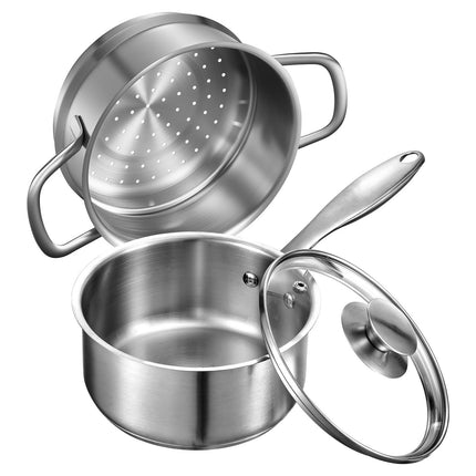 1.5 Qt Saucepan With Steamer, Stainless Steel, Glass Lid