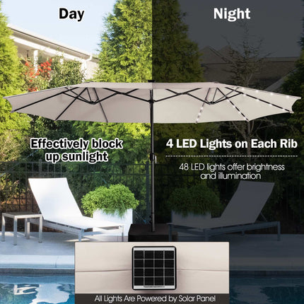 15 ft Double-Sided Patio Umbrella, 48 Solar LEDs, Beige