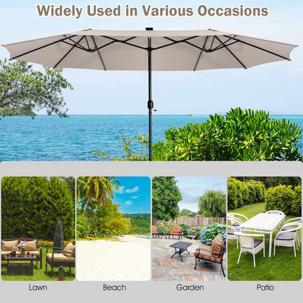 15 ft Double-Sided Patio Umbrella, 48 Solar LEDs, Beige