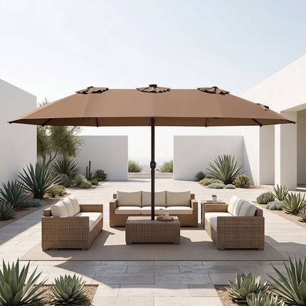 15ft Double-Sided Patio Umbrella, Solar LED Lights, Brown