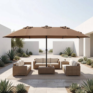 15ft Double-Sided Patio Umbrella, Solar LED Lights, Brown
