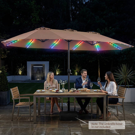 15ft Double-Sided Patio Umbrella, Solar LED Lights, Brown