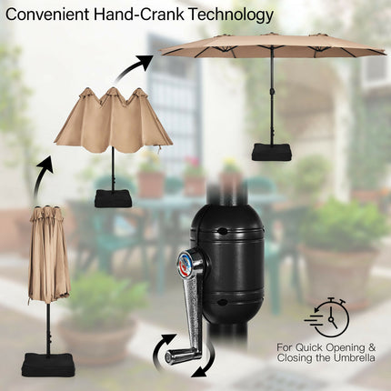 15ft Double-Sided Patio Umbrella With Crank and Base, Coffee