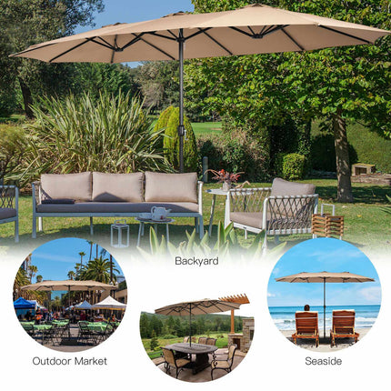 15ft Double-Sided Patio Umbrella With Crank and Base, Coffee