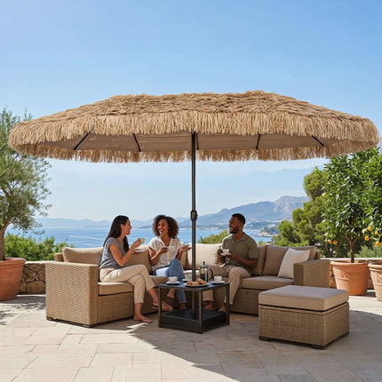 15 x 9 FT Solar Patio Umbrella with Lights, Crank Lift, Brown