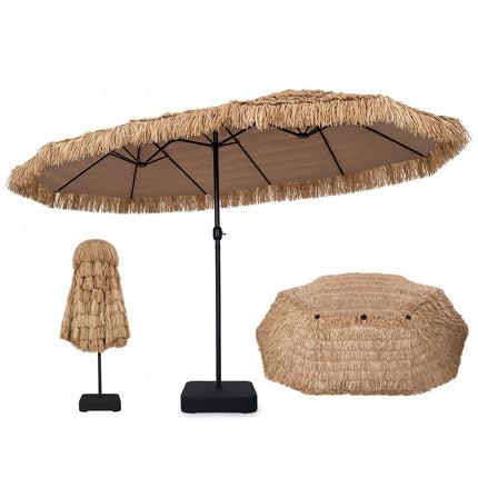 15 x 9 FT Solar Patio Umbrella with Lights, Crank Lift, Brown
