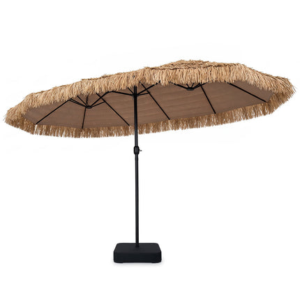 15 x 9 FT Solar Patio Umbrella with Lights, Crank Lift, Brown