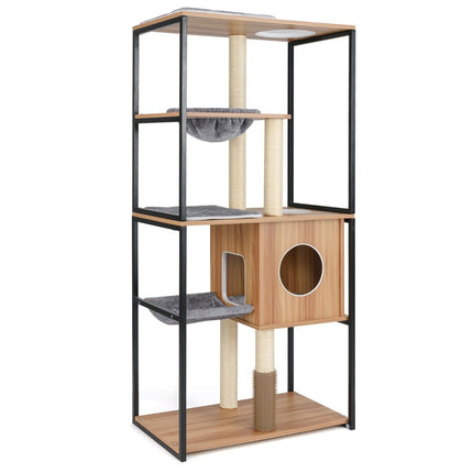 160 cm wooden scratching post with cave & hammock & scratching post 5 level cat scratching post