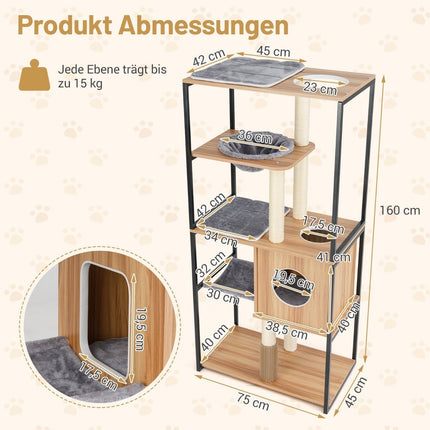 160 cm wooden scratching post with cave & hammock & scratching post 5 level cat scratching post