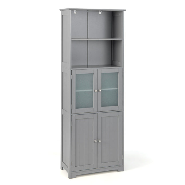 163cm High Bathroom Cabinet Freestanding Storage Cabinet with Glass Doors & Adjustable Shelves Gray