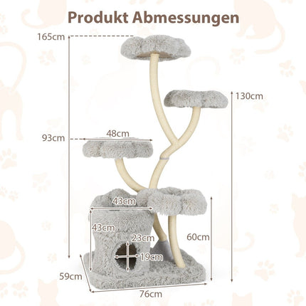 165cm Cat Tree with Sisal Posts & 4 Platforms, Grey