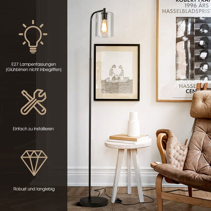 168cm Modern Floor Lamp with Foot Switch & E27 Bulb Base & Black Glass Lampshade