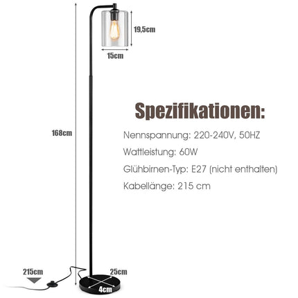 168cm Modern Floor Lamp with Foot Switch & E27 Bulb Base & Black Glass Lampshade
