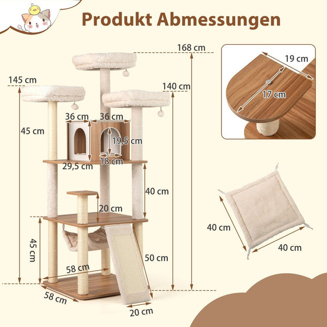 168cm Wooden Cat Tree with Hammock & Scratching Posts