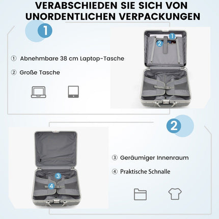 16” hand luggage 34L rolling suitcase with laptop compartment & spinner wheels 43 x 24 x 44 cm silver
