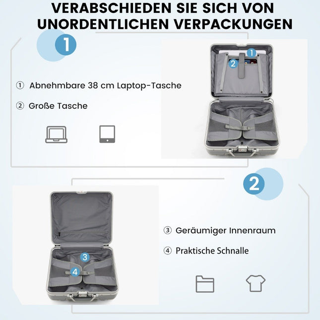 16” hand luggage 34L rolling suitcase with laptop compartment & spinner wheels 43 x 24 x 44 cm silver