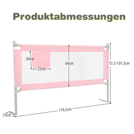 175 cm bed rail with 24 adjustable heights & side pocket bed guard pink