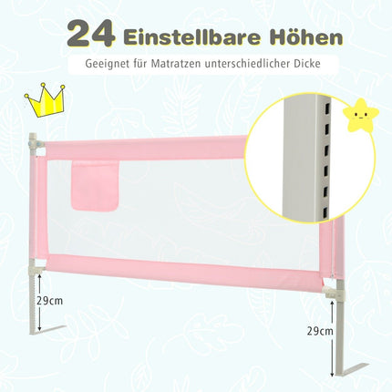 175 cm bed rail with 24 adjustable heights & side pocket bed guard pink