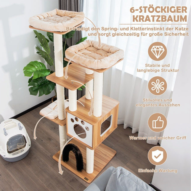 176 cm Krabpaal met 6 lagen, comfortabele matten, grot en kattenboog, beige