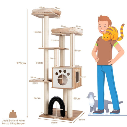 176 cm 6-Tier Scratching Post with Cozy Mats & Cave & Cat Arch Beige