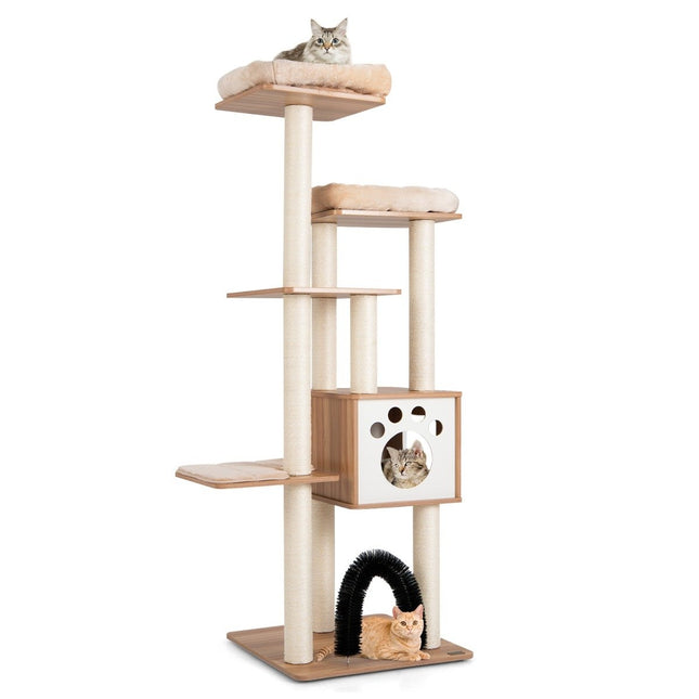 176 cm Krabpaal met 6 lagen, comfortabele matten, grot en kattenboog, beige