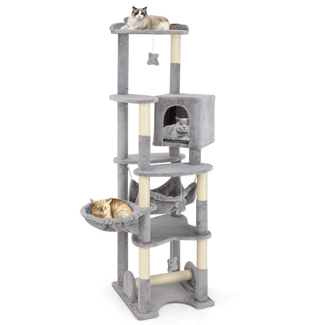 176 cm wooden scratching post with cave & basket bed & hammock & sisal post cat tree