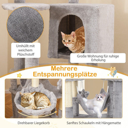 176 cm wooden scratching post with cave & basket bed & hammock & sisal post cat tree