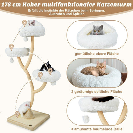 178 cm cat tree with sisal scratching posts & 3 warm lying surfaces & plush balls beige