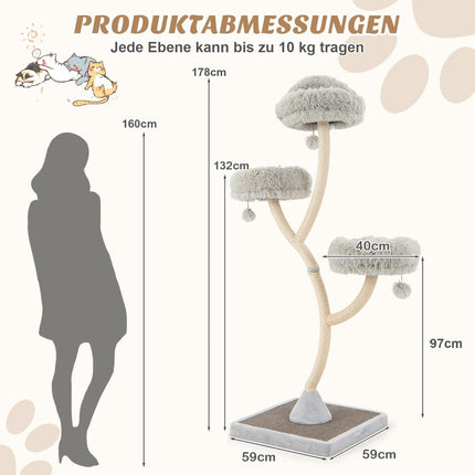 178 cm cat tree with sisal scratching posts & 3 warm lying surfaces & plush balls gray