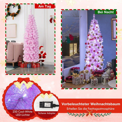 180 cm Artificial Pencil Christmas Tree with 250 Cool White LEDs Slim Christmas Tree Pink