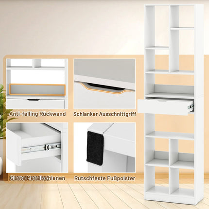 180cm White Bookshelf with Drawer and 10 Open Shelves