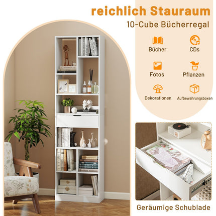 180cm White Bookshelf with Drawer and 10 Open Shelves