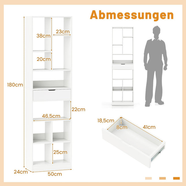 180cm White Bookshelf with Drawer and 10 Open Shelves