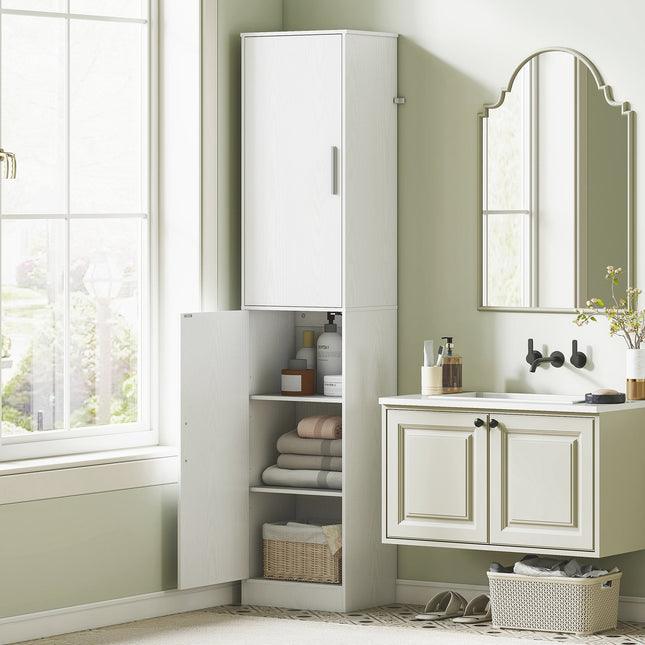 180 cm high bathroom cabinet, narrow bathroom cabinet with 2 doors, 4 adjustable shelves, chipboard, MDF, white